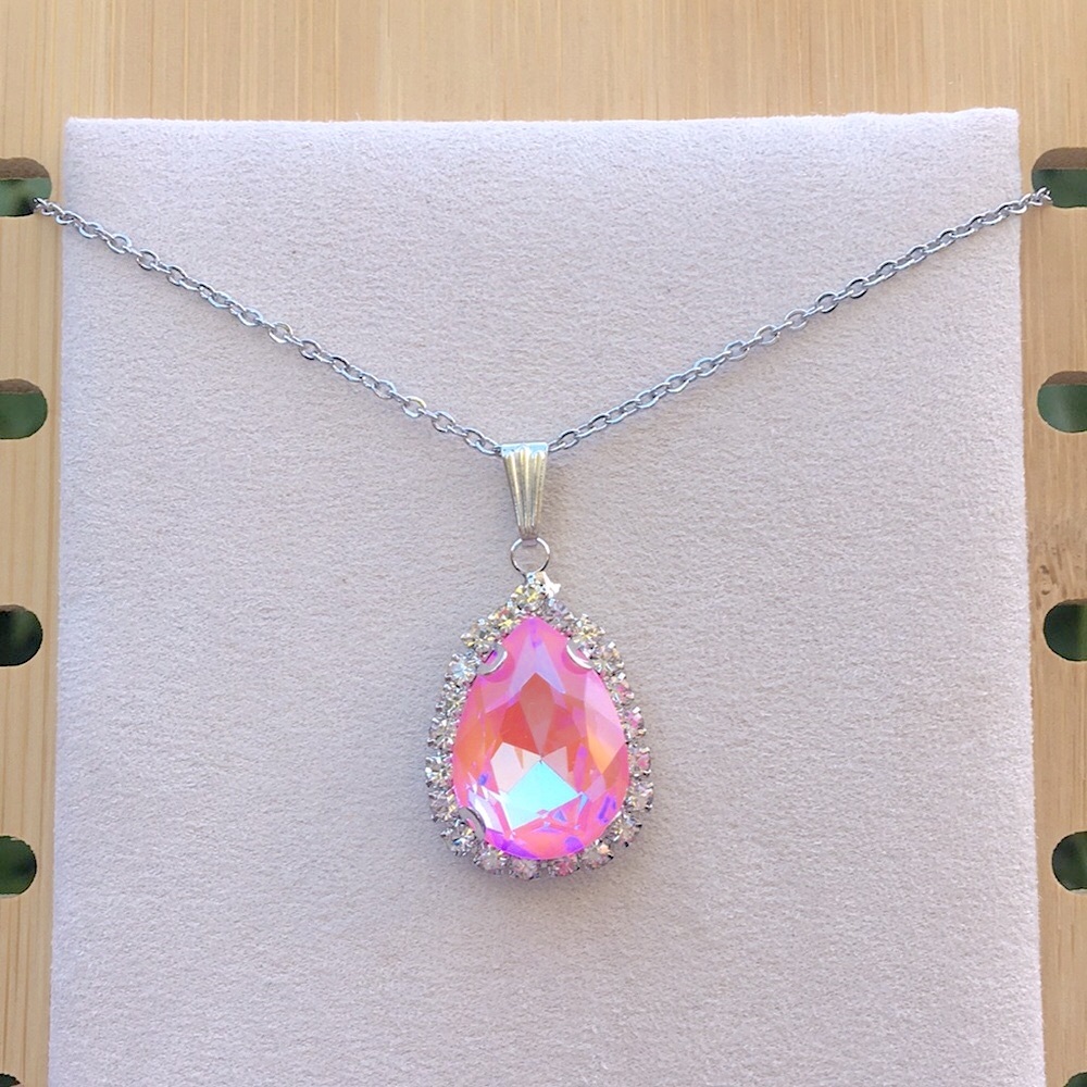 Pink Aurora Borealis + Silver Crystal Halo Pear Drop Pendant Necklace - Picture 10 of 11